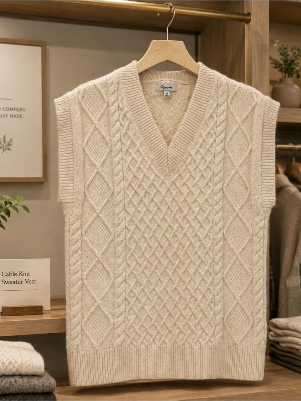 Madewell Cream Cable Knit V-Neck Sweater Vest